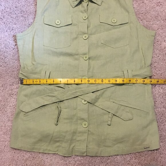 Paco Lime Green Linen Blend Sleeveless Button Up Utility Vest - Picture 12 of 14